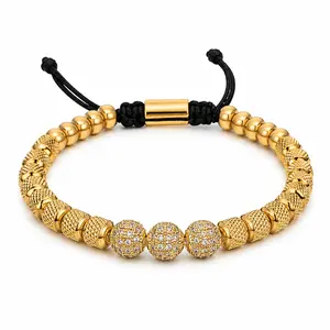 bracelets，14k bracelets，Unisex Gold Plated CZ Ball Beaded Bracelet - Adjustable Black Cord Non-Tarnish Luxury Jewelry for Men & Women, 14k gold jewelry non tarnish