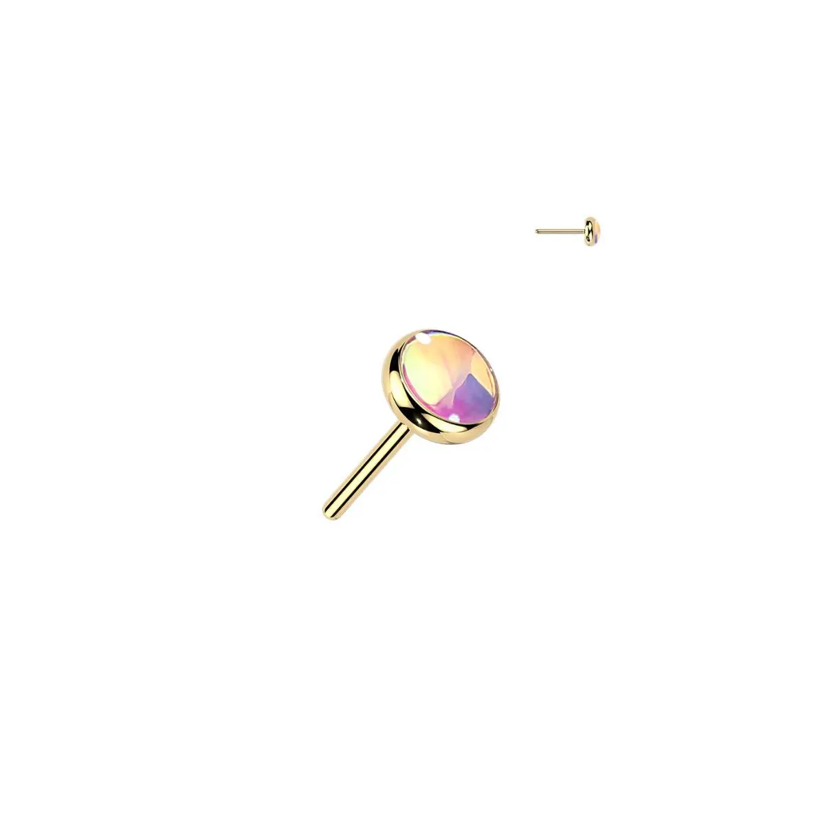 Gold Titanium Threadless Push in 3mm Pink Iridescent Stone Flat Back Earring