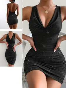 New Women's Elegant Fashion Slim-Fit Sleeveless Sequin Halter Neck Backless Shoulder- Dress, Party Gown Wedding Guest Dress for Women, Suitable for Festivals, Celebrations, Dates, and Parties