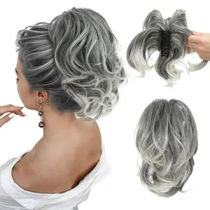 HAIR Claw Clip Short Ponytail Hair Extensions DIY Bendable Metals Messy Bun Hair Piece for Wonen Wavy Curly Synthetic Fake Hairpieces Salt and Pepper