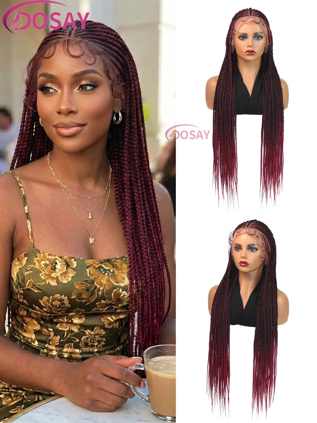 32Inch Cornrow Braids Wig for Black Women Knotless Box Braided Wig Fulani Braid Wigs Synthetic Full Lace Front Braided Wigs Color #1B/Burgundy Handmade Beginner-Friendly Goddess Braids Perfect For Daily Wear/Holiday Parties Braids