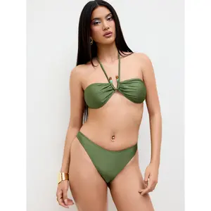 Cider Halter Neckline Beaded Ruched Cheeky Bikini Set