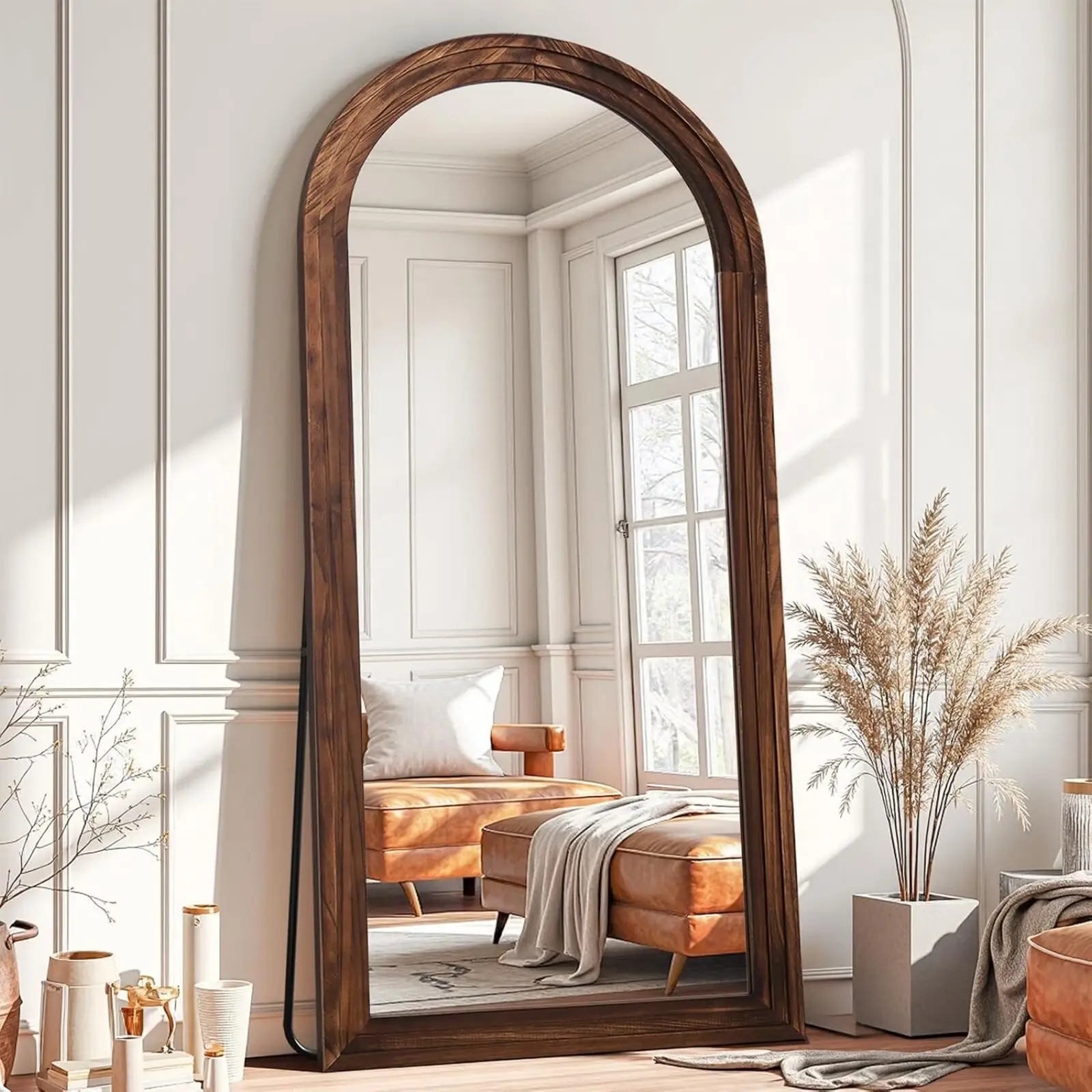 BEAUTYPEAK 71"X30"Wooden Arched Full Length Mirror with Stand,Walnut