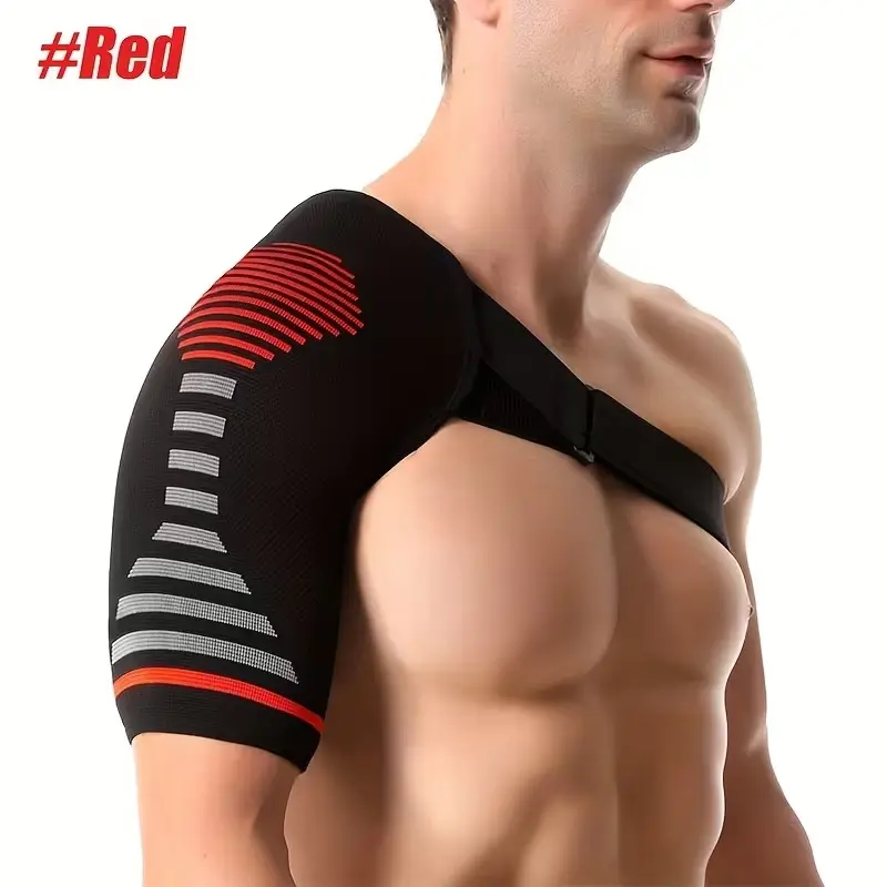 Adjustable Sports Shoulder Compression Brace - Athletic, Comfortable, Anti-Strain Support, Prevents Overextension, Rotator Cuff Pain Relief, Injury Recovery, Breathable, Discreet Under Shirts, Men/Women, Black & Red (S/M)