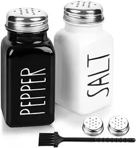 2 Pack Salt and Pepper Shakers Set, Glass Shaker with Stainless Steel Lid, Modern and Cute Farmhouse (Black and White)