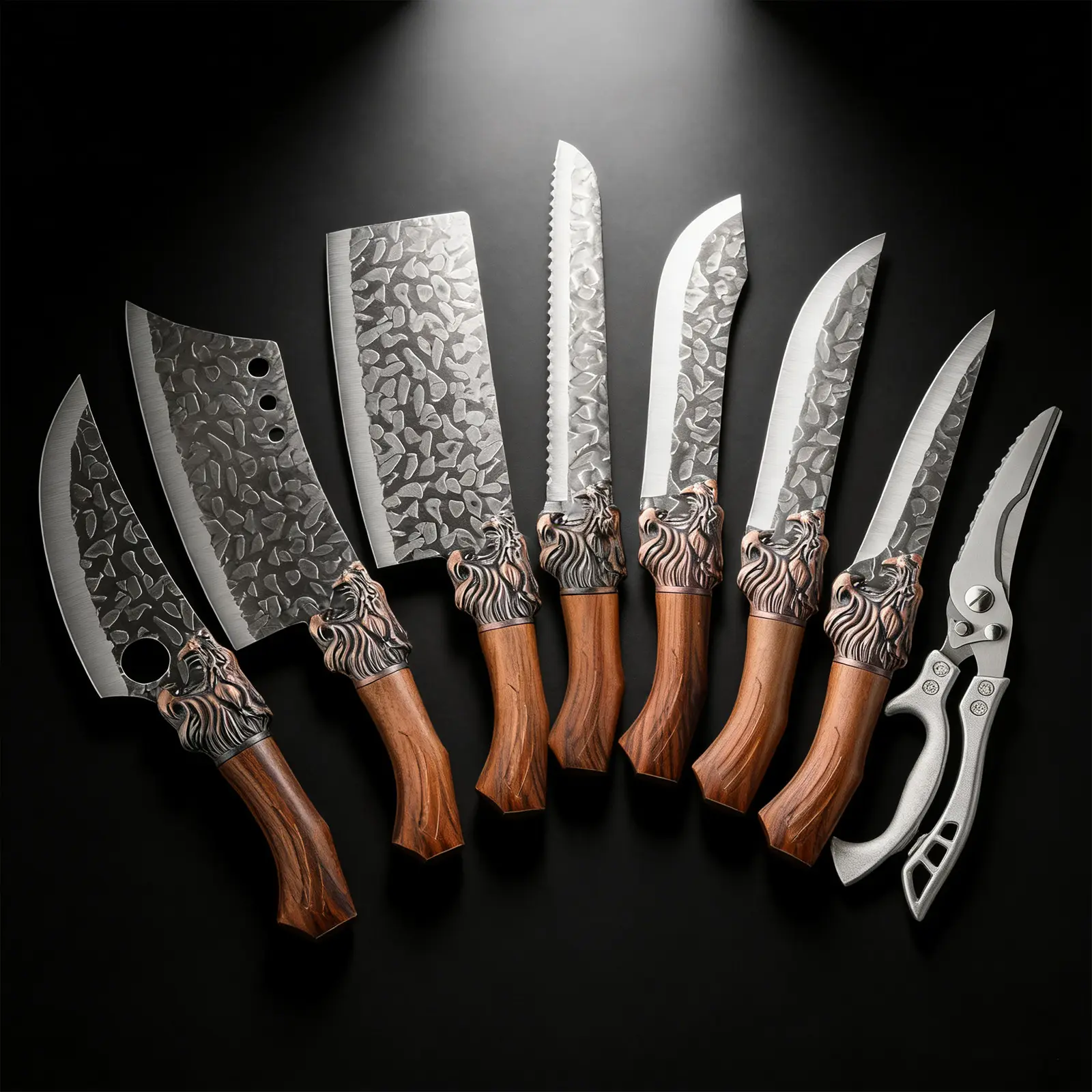 8-Piece High-Quality Stainless Steel Kitchen Knife Block Set - Forged Hammer-Textured Sharp Blades, Securely Linked Lion's Head Decorative Handles, Kitchenware Sets with Meat Bone Cleaver for Slicing, Chopping