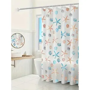 Shower Curtain Starfish Shell Pattern Waterproof Stain Resistant With Hooks Bathroom Summer Beach Theme Coastal Ocean Inspired Decor Easy Clean