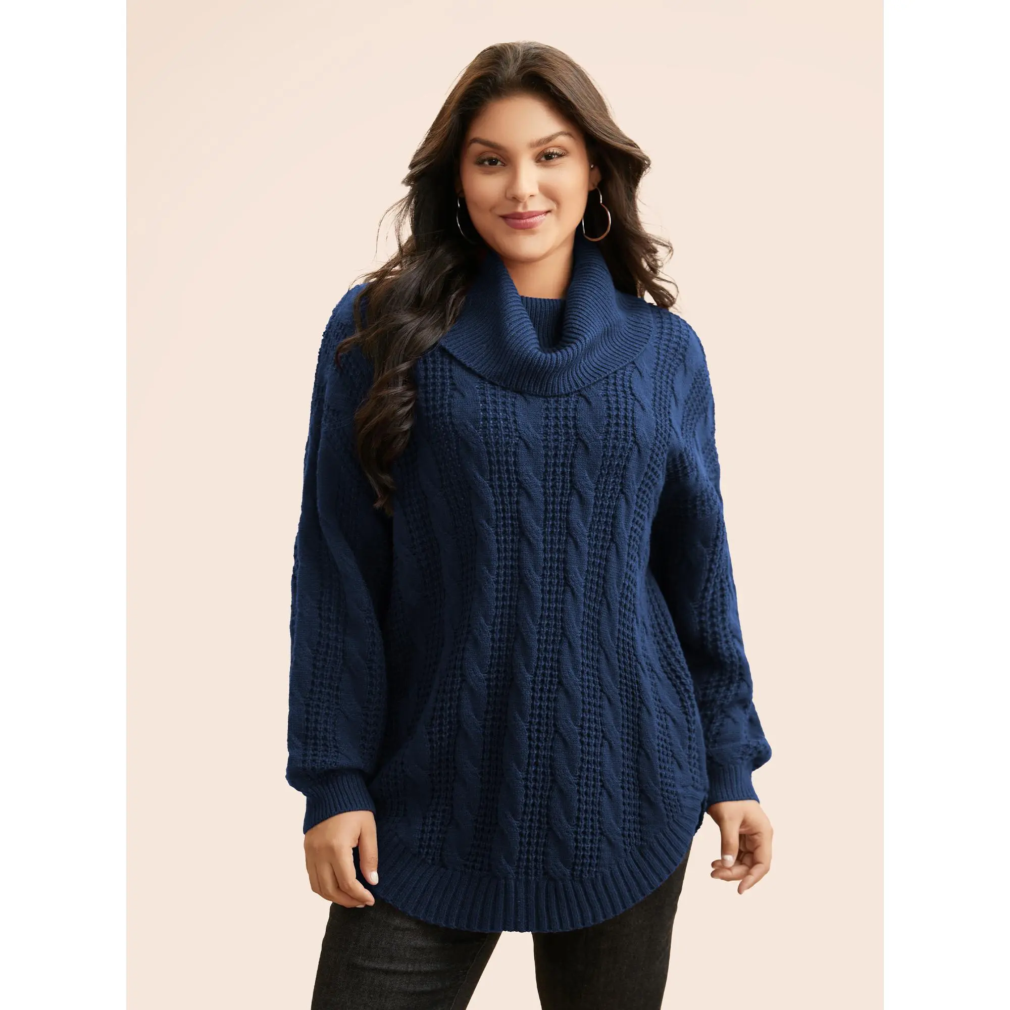 BloomChic Women's Plus Size Turtleneck Sweater in Solid Cable Knit - Long Sleeve Loose Fit Pullover, Minimalist Basic Style for a Lazy Outfit, Low Iron, Hand Wash, Regular Length, Fabric, Comfy, Knitwear, Simple, Everyday, Breathable, Casual