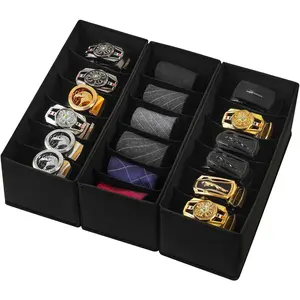 3 Pack Fabric Belt Organizer with 6 Grids per Organizer, Foldable Drawer Organizers for Closet and Drawer, Belt and Tie Holder - Black