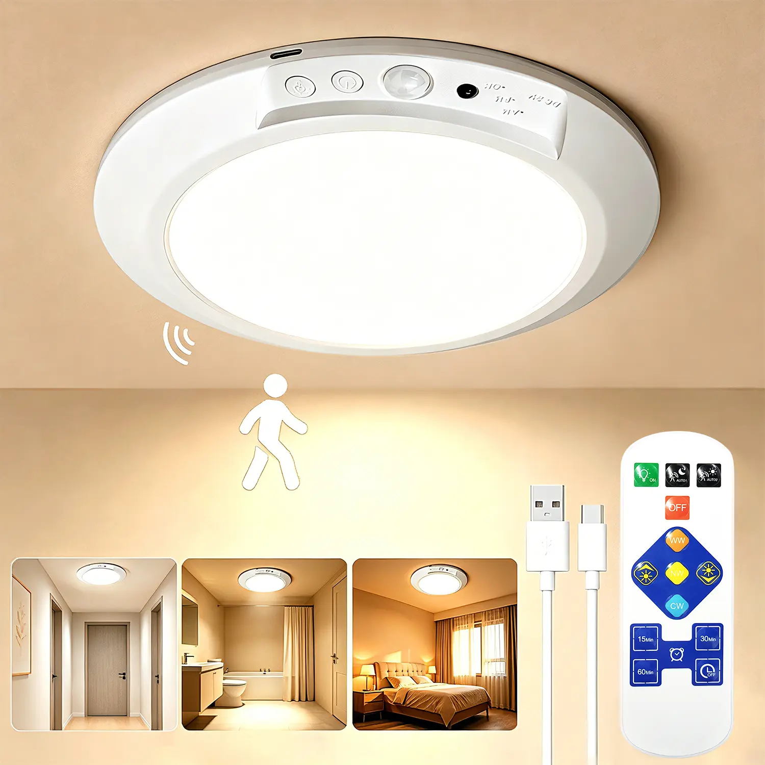 Rechargeable Motion Sensor Ceiling Light with Remote - Auto Motion-Activated, Ultra-Bright Dimmable Overhead Lamp for Shower, Closet, Small Spaces