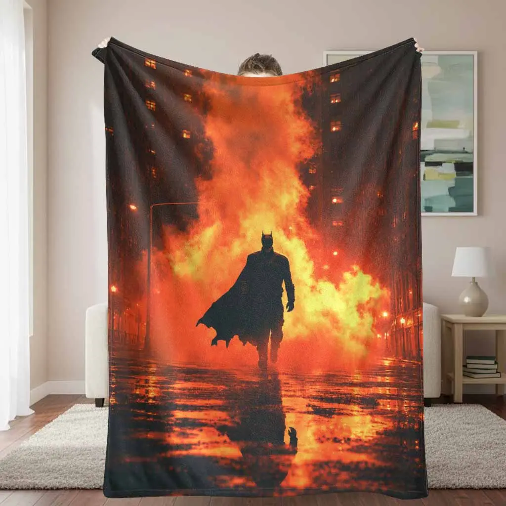Dark Vigilante Flannel Fabric Throw Blanket, Fiery City Night Silhouettes Print, Lightweight Soft Multi-Size Blanket, Durable Warm Bedding for Sofa, Gamer Cave Home Decor