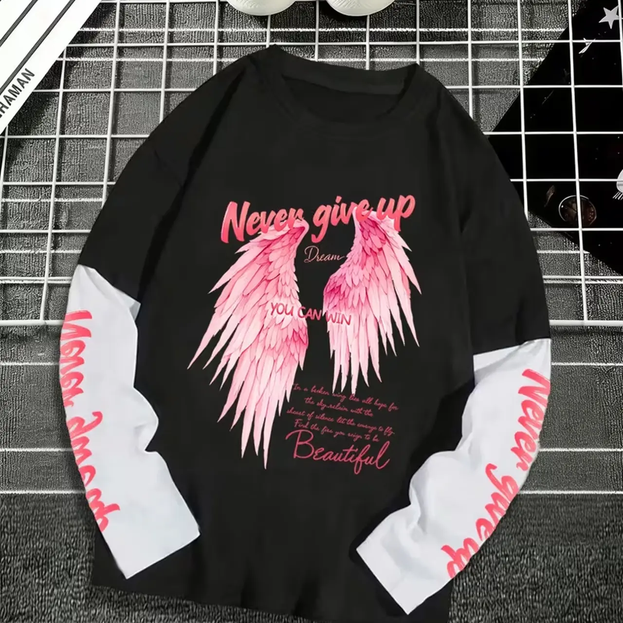 Menswear Crew Neck Patchwork Long-Sleeve Tshirt - Streetwear Style with Pink Feather Print, All-Season Casual Top for Everyday Sports, Sizes S-5XL