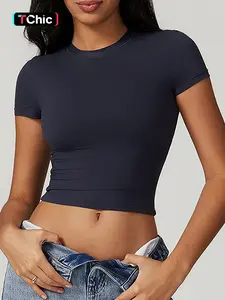 Women's Plain Round Neck Crop Sports Tee, Jersey Tee, Sporty Casual Tight-fitting Short Sleeve T-shirt for Yoga Gym Workout Running, Ladies Sportswear Clothing for Summer, Quick Dry Activewear