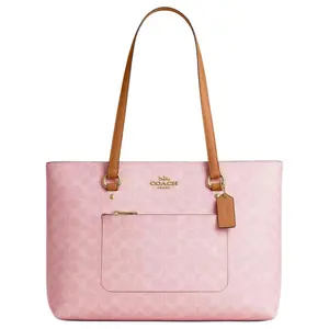 COACH Station 35 Monogram-Print Tote Bag for Women – Metallic Gold and Pink Accented Coated Canvas Shoulder Bag
