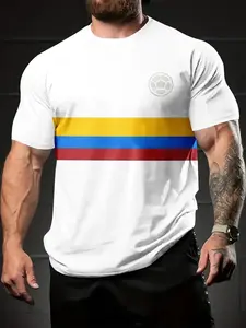 Men's Colombia Flag Striped Short Sleeve T-Shirt, Casual Loose Fit Round Neck Top, Graphic Sportswear for Men