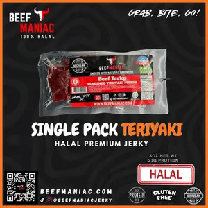 Halal Beef Jerky Single Pack Teriyaki Fusion by Beef Maniac | Natural Hardwood Smoked Premium Jerky Made in Michigan