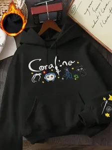 "Coraline" "Coraline" element pattern letter print, casual retro long-sleeved pullover, round neck casual sports women's pullover sweatshirt, autumn and winter plus velvet women's clothing
