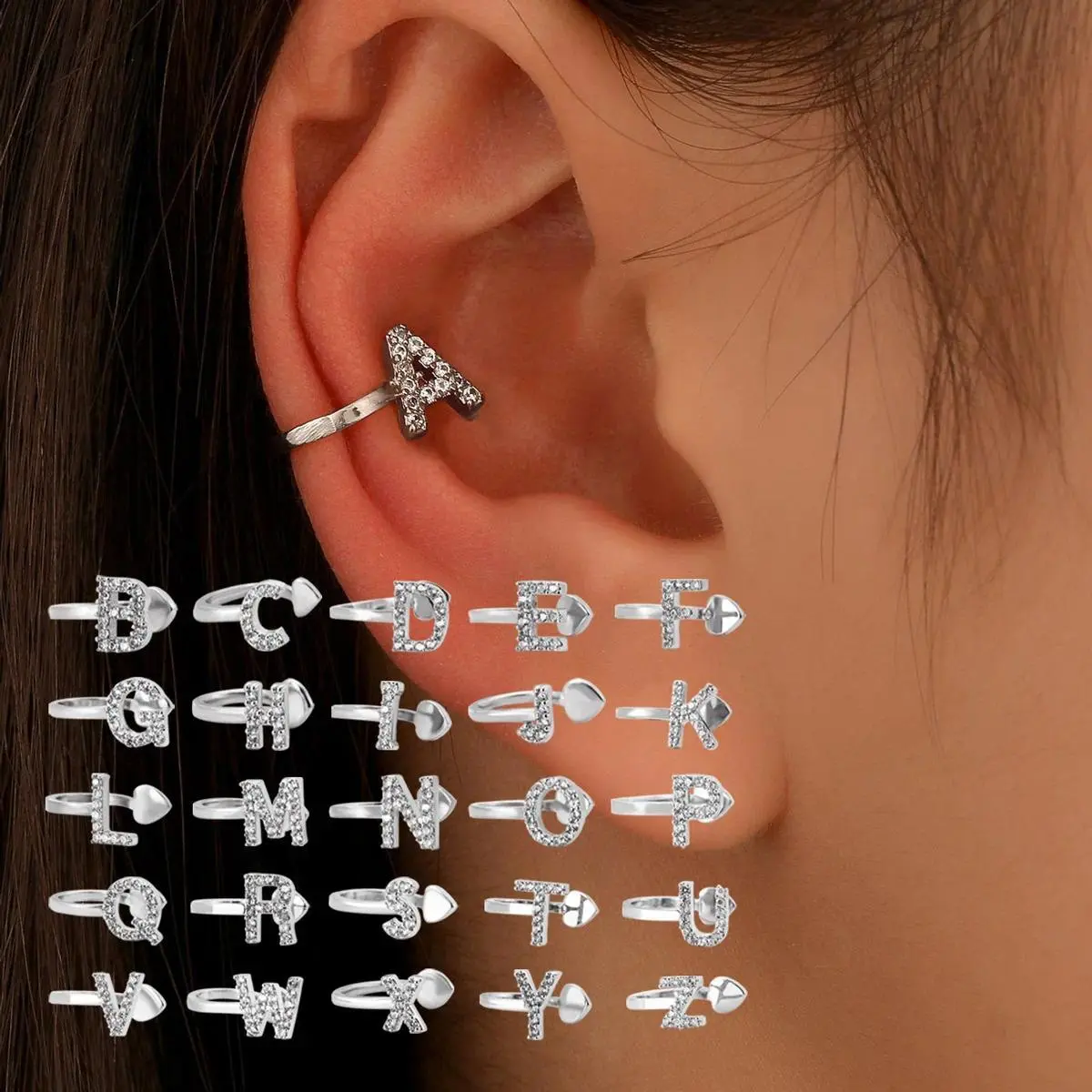 Women's Elegant Zircon Letter Ear Cuff, A-Z Initial Non-Piercing U-Shaped Clip-On Wearable Earrings for Party Costume Jewelry