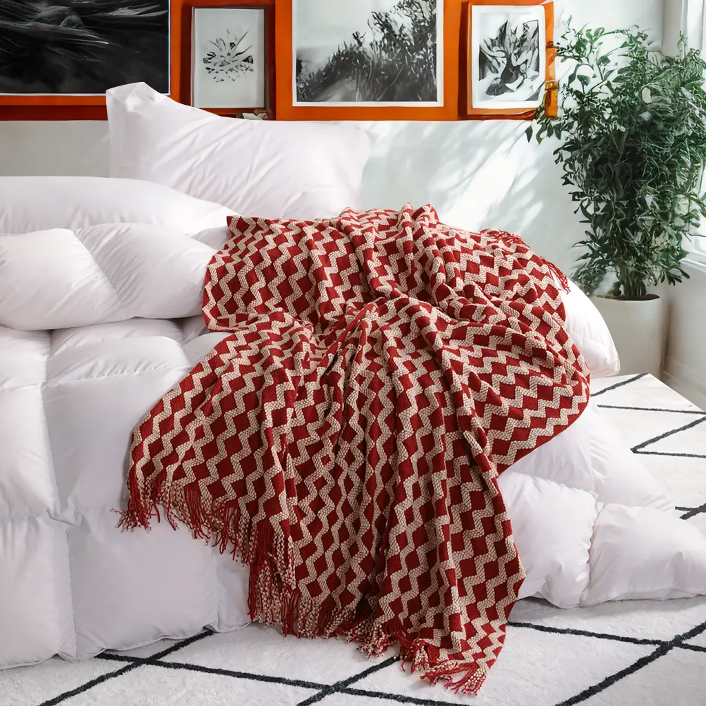 Geometric Acrylic Fiber Knit Throw Blanket with Tassels - Lightweight, Cozy Home Decor, Soft, Resilient Stretch, Sun-Resistant, Machine Washable for Couch, Bed