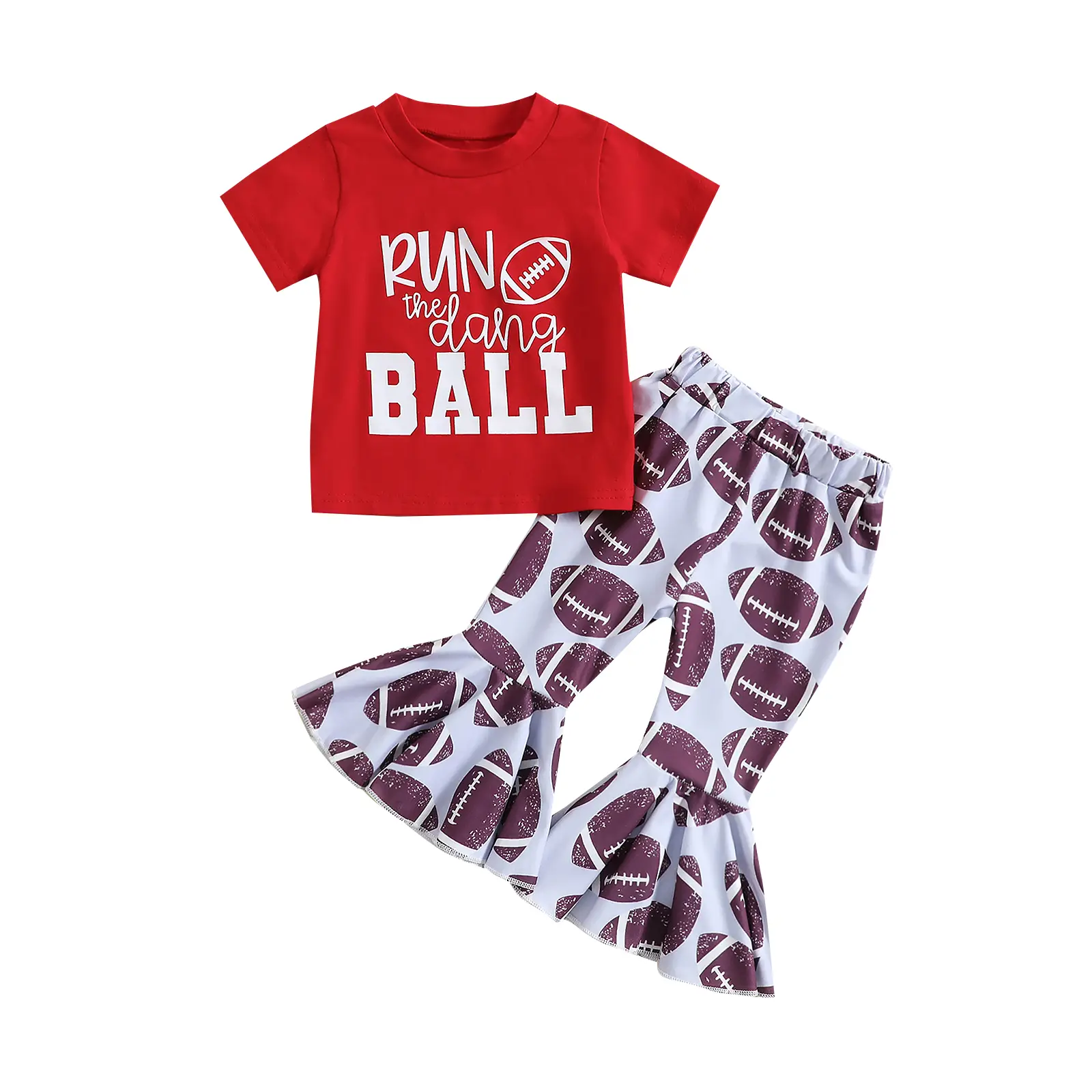 Infant Baby Girl Fall Clothes Football Game Day Short Sleeve Romper Top Pants Bell Bottoms Cute Rugby Outfit