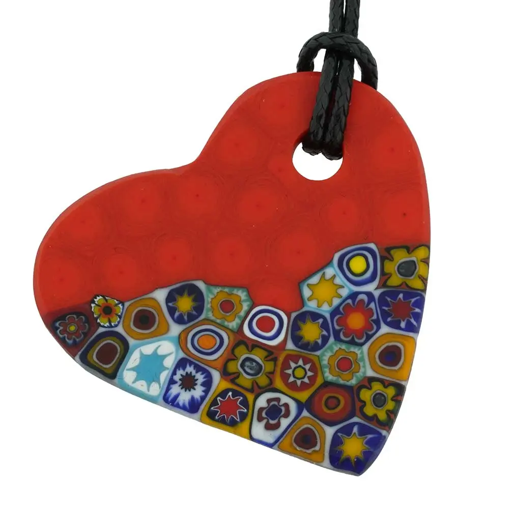 GlassOfVenice Murano Glass Matte Millefiori Heart Necklace - Mezzo Red, Artistic Collectible Fashion Costume Jewelry Accessory, Artistic Necklaces, Collectible Necklaces