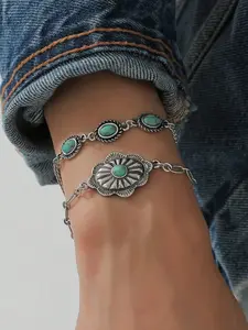 Women's Western Cowboy Vintage Oval Flower Chain Layered Bracelet Set, Fashion Versatile Imitated Turquoise Jewelry for Daily Wear