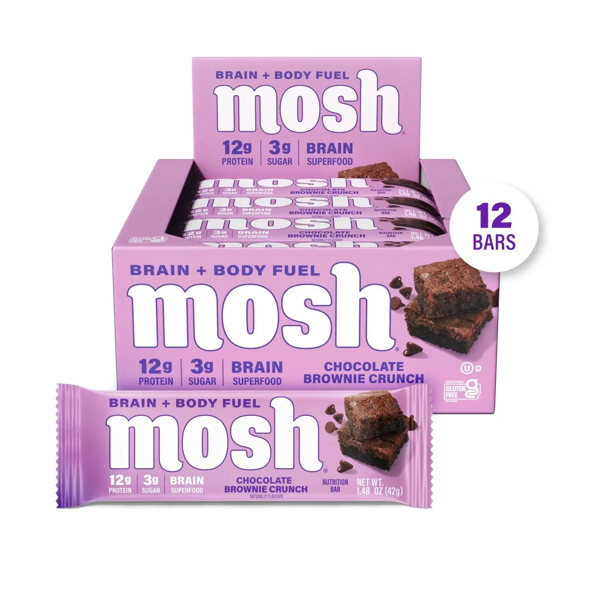 MOSH Chocolate Brownie Crunch Almond Protein Bars - 12-Pack Low-Sugar, High-Fiber Protein Snack, Keto-Friendly, Gluten-Free, 6+ Brain Nutrients (Including Cognizin), Natural Almond-Infused, Mission-Focused, Gives Back, High-Fiber Protein Bars