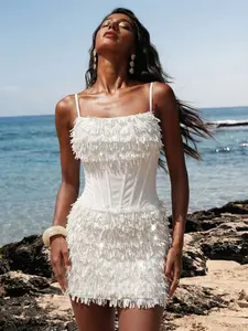 Women's Elegant White Sequin Cami Mini Dress Party Style Sleeveless Spaghetti Strap Straight Hem