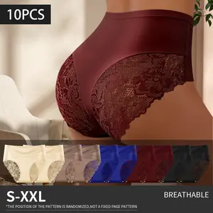 QUASTI 10 PCS High Waisted Lace Sexy Women's Panties, Breathable Crossover Design Hip Lifting Smooth Briefs, Skin Friendly Splicing Lace Bikini Panties For Ladies, Suitable for Daily Wear, S-XXL