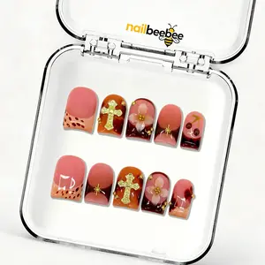 Autumn Amber Floral Cross Short Square Nails,10pcs Handmade Autumn Amber Floral Cross Short Square Press-On Nails | Gothic Cherry Gold Accent Nails | Reusable Vintage Fake Nails | Fall Daily Wear Gift for Her