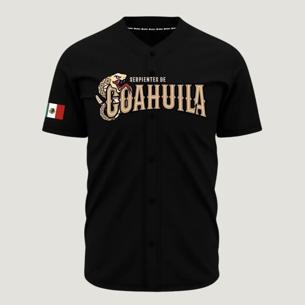 Serpientes de Coahuila Black Baseball Jersey – Mexico Heritage Snake Graphic Button-Up Sports Shirt, Mexican Pride Fan Apparel, Lightweight Athletic Game Day Jersey