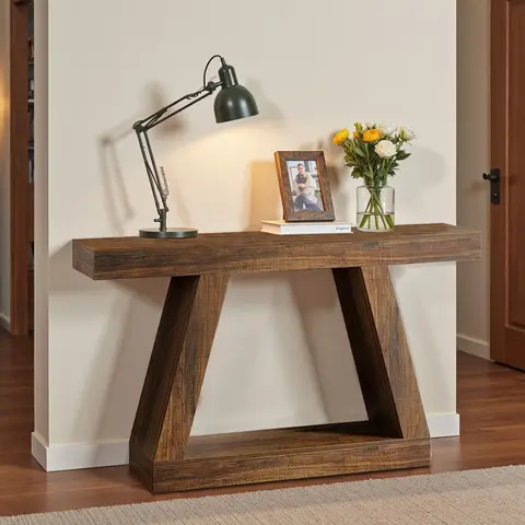 Spaco 55-Inch Rectangular Rustic Farmhouse MDF Console Table - Thick Board, Retro Industrial Pedestal, 330lb Capacity, Wood Grain, Assembly Required, Storage & Display Space, Living Room Entryway Furniture