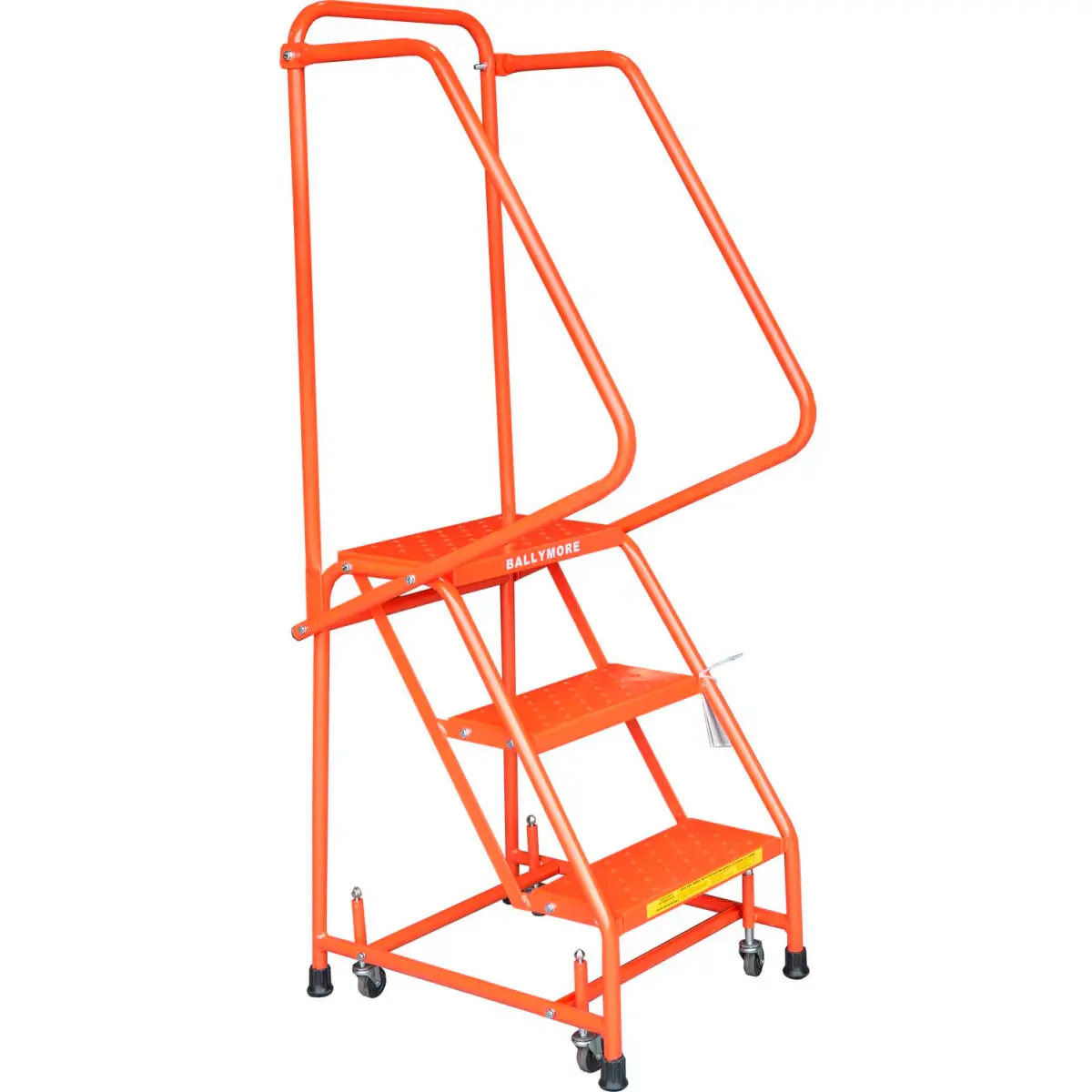 Ballymore B1834594 Perforated 16 in. 3-Step Steel Rolling Ladder, 10 in. Top Step, Handrails, Orange - Warehouse Use, OSHA/ANSI Compliant, Built to Take Heavy Everyday Use, Easy Assembly