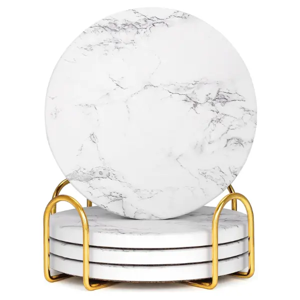 Absorbent Ceramic Coasters Set of 4, Modern Marble Style Drink Coasters | 4 Inch Stone Cup Coaster Set Home Decor with Metal Holder for Kitchen, Living Room, House Warming Gifts, White, Round