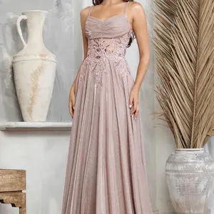 Elegant Pink Maxi Dress with Embroidered Bodice and Spaghetti Straps for Special Occasions