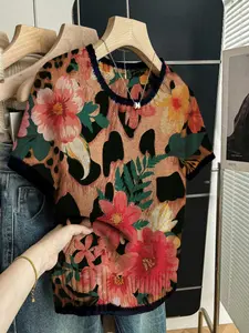 Floral Print Round Neck Sweater, Casual Short Sleeve Knitwear for Spring Summer Fall, Comfortable Warm Fitted Women's Clothing