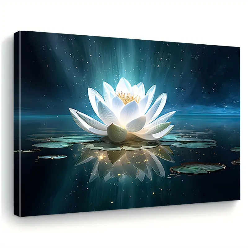 1-Piece Artistic Luminous LED Lotus Canvas Photo Print with Wood Frame, LED Lighting Room Wall Art, Adult Home Office Decoration Gift, Modern