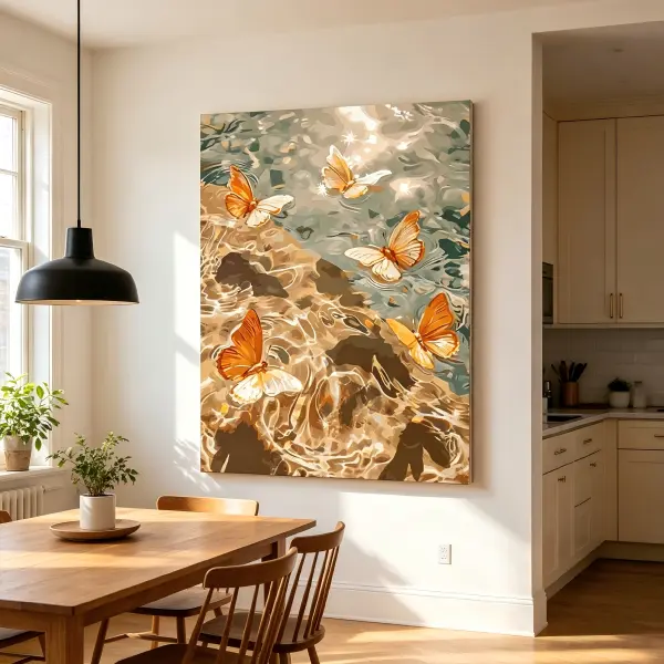 Framed Canvas Wall Art,Golden Butterfly Over Water Ripple Reflection Painting,Warm Tone Boho Nature Landscape Canvas Print,Ready To Hang Aesthetic Vintage Natural Scenery Wall Decor for Living Room Bedroom Coastal Home Decoration