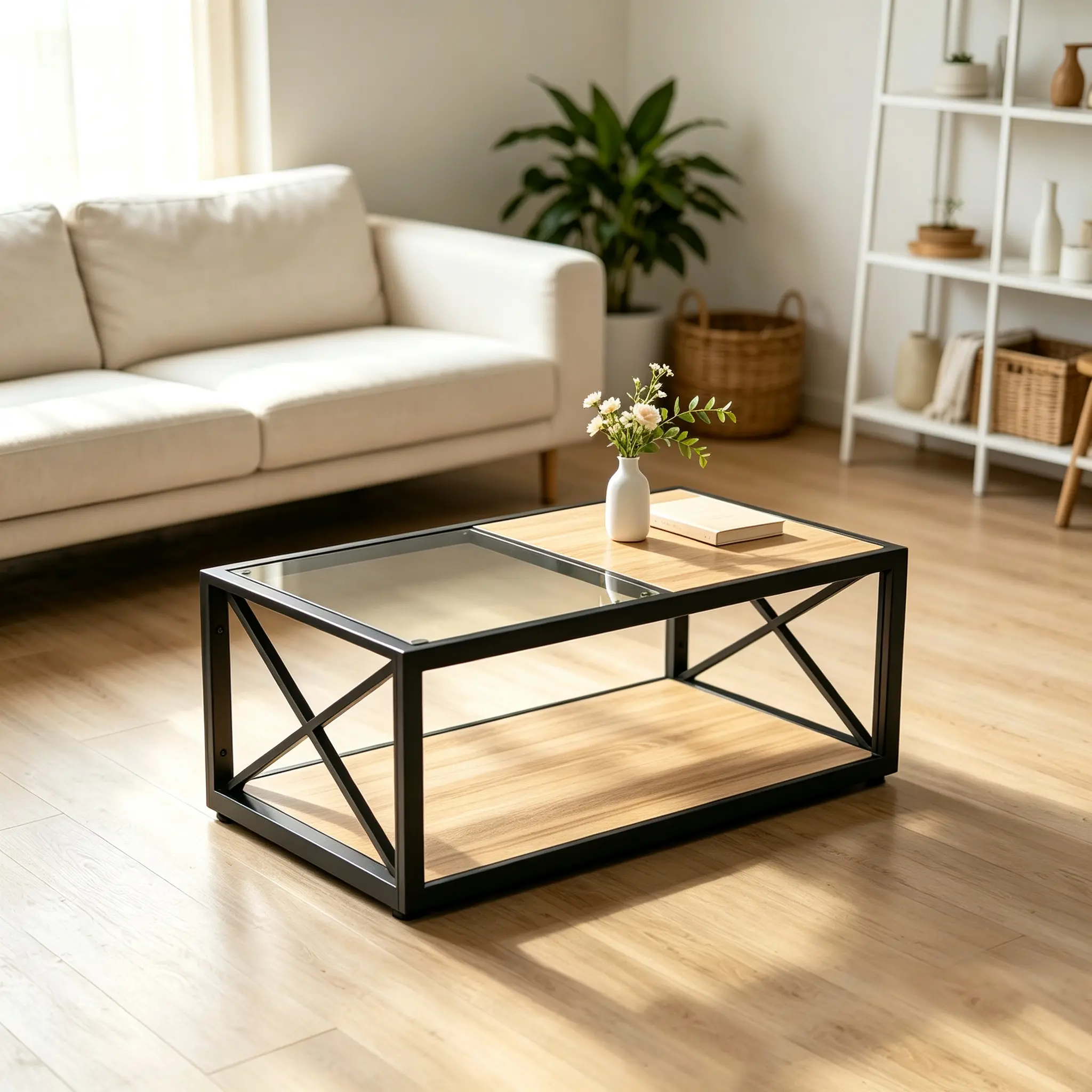 New Modern Industrial Rectangular Coffee Table - Tempered Glass & Natural Wood MDF Top, Open Storage, Glass & Metal Frame, Fluted Cloud Design, Furniture for Small Spaces, Small Size Living Room Accent Indoor Furniture (Requires Setup)