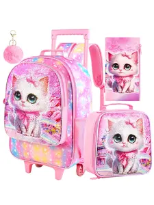 Sparkly Sequin Cute Cat Rolling Backpack 3PCS Set for Little Girls, Adorable Kitten Kids Wheeled School Bag with Lunch Box and Pencil Pouch, Perfect for Preschool & Primary School