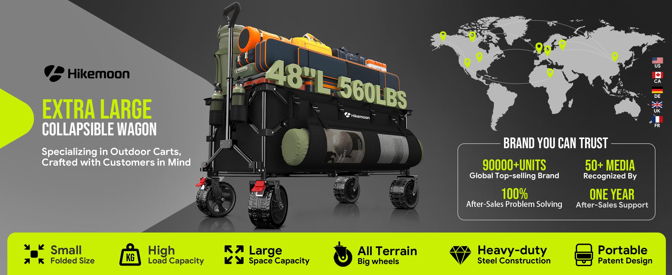 Collapsible Heavy Duty Utility Wagon Cart, Extra Long Beach Cart with All Terrain Wheels 360-560LB Capacity 120L-300L Storage, Foldable Utility Cart with Durable Steel Frame & Black Oxford Fabric for Groceries, Shopping, Camping, Sports, Garden