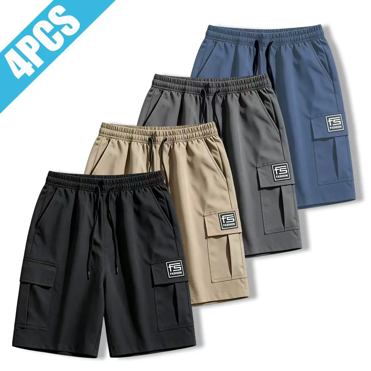 4-pack men’s summer casual cargo shorts — elastic drawstring waist design, multiple pockets, regular fit, suitable for everyday wear, leisure sports, and outdoor activities; summer shorts, men’s shorts, summer menswear