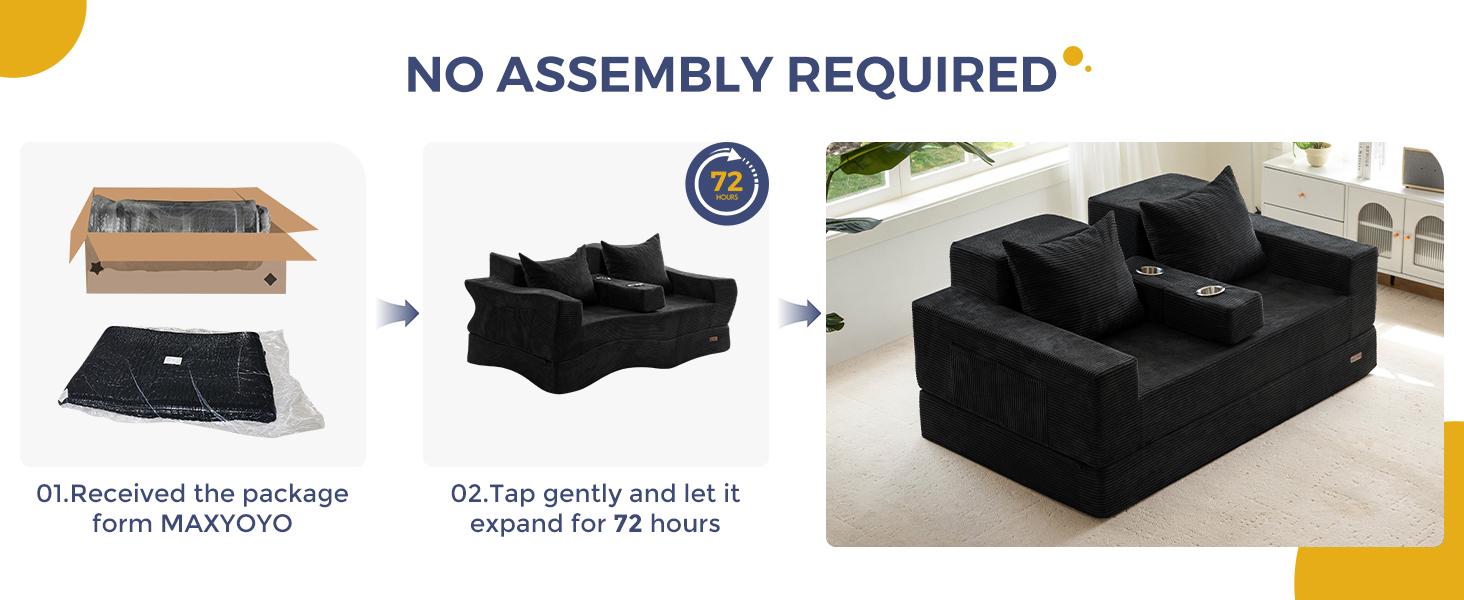 MAXYOYO Loveseat Sofa Bed, 64" Foldable Floor Sofa Couch in A Box with 2 Cup Holders, 4 in 1 Convertible Boneless Couch Folding Recliner Sleeper Chair for Living Room, No Assembly Required