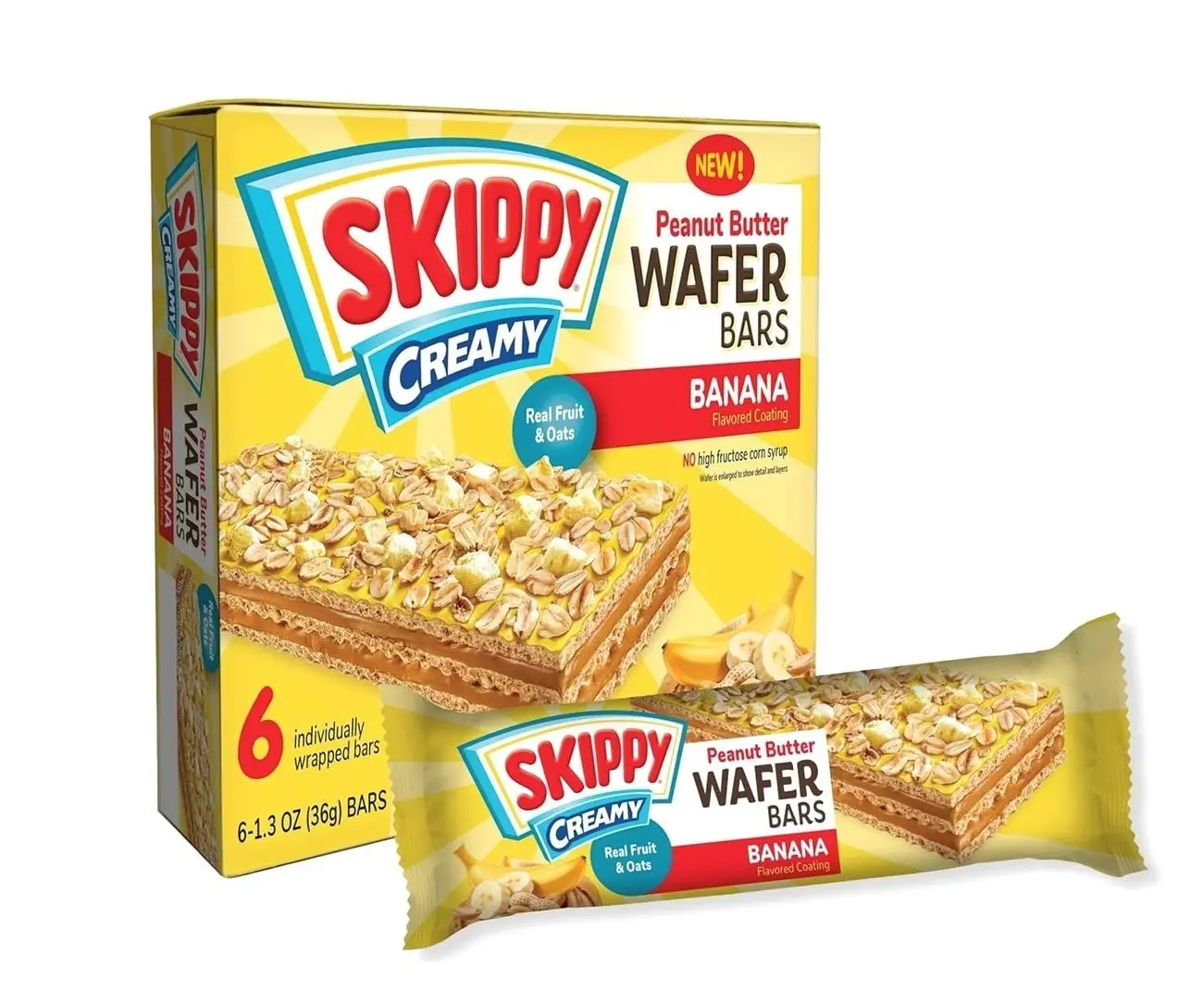 SKIPPY Creamy Peanut Butter Wafer Bars, Banana Flavor with Real Fruit & Oats, 6 Individually Wrapped Bars (7.8 oz Box)