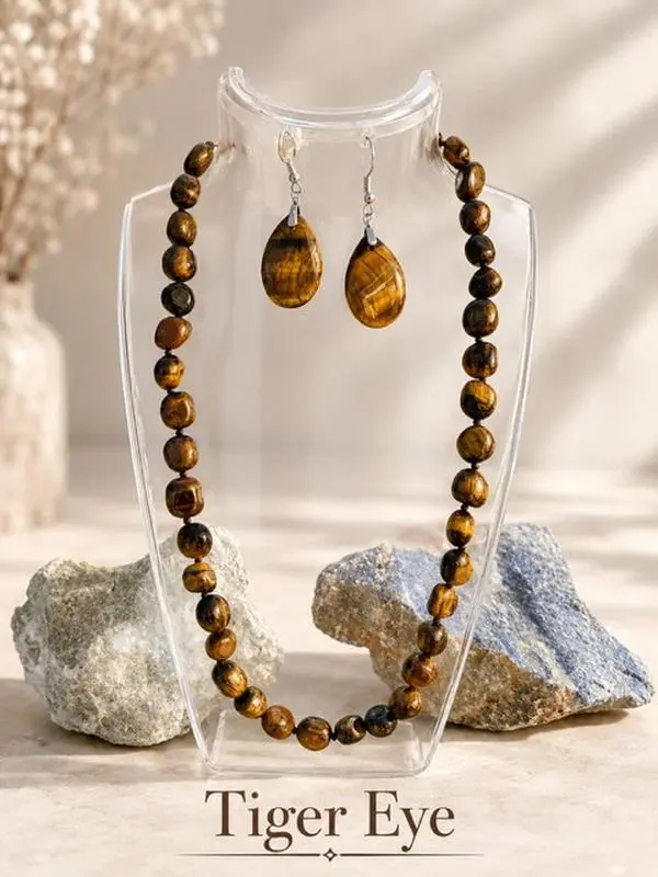 Tiger Eye Tumbled necklace and earring set (Natural Crystal)