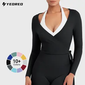YEOREO Flattering V Neck Wrap Crop Top Long Sleeve Yoga Tie Shirt Breathable Pilates Ballet Workout Tops Athleisure Fashion