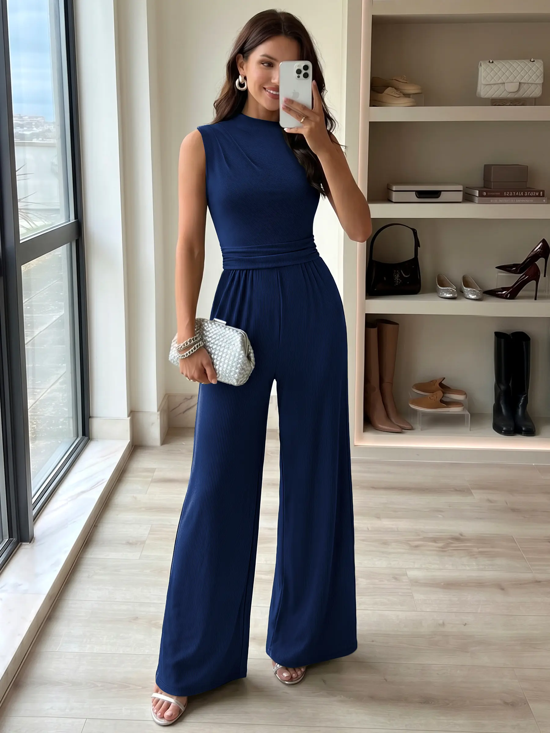 Miusol 55881B Women's Sleeveless Mock Neck Stretchy Ribbed Fabric Jumpsuit  Casual Wide Leg Minimalist Casual One-Piece Outfit Comfy Womenswear Romper  with Pockets, Overalls tiktokshopspringglowup,summervibes - TikTok Shop