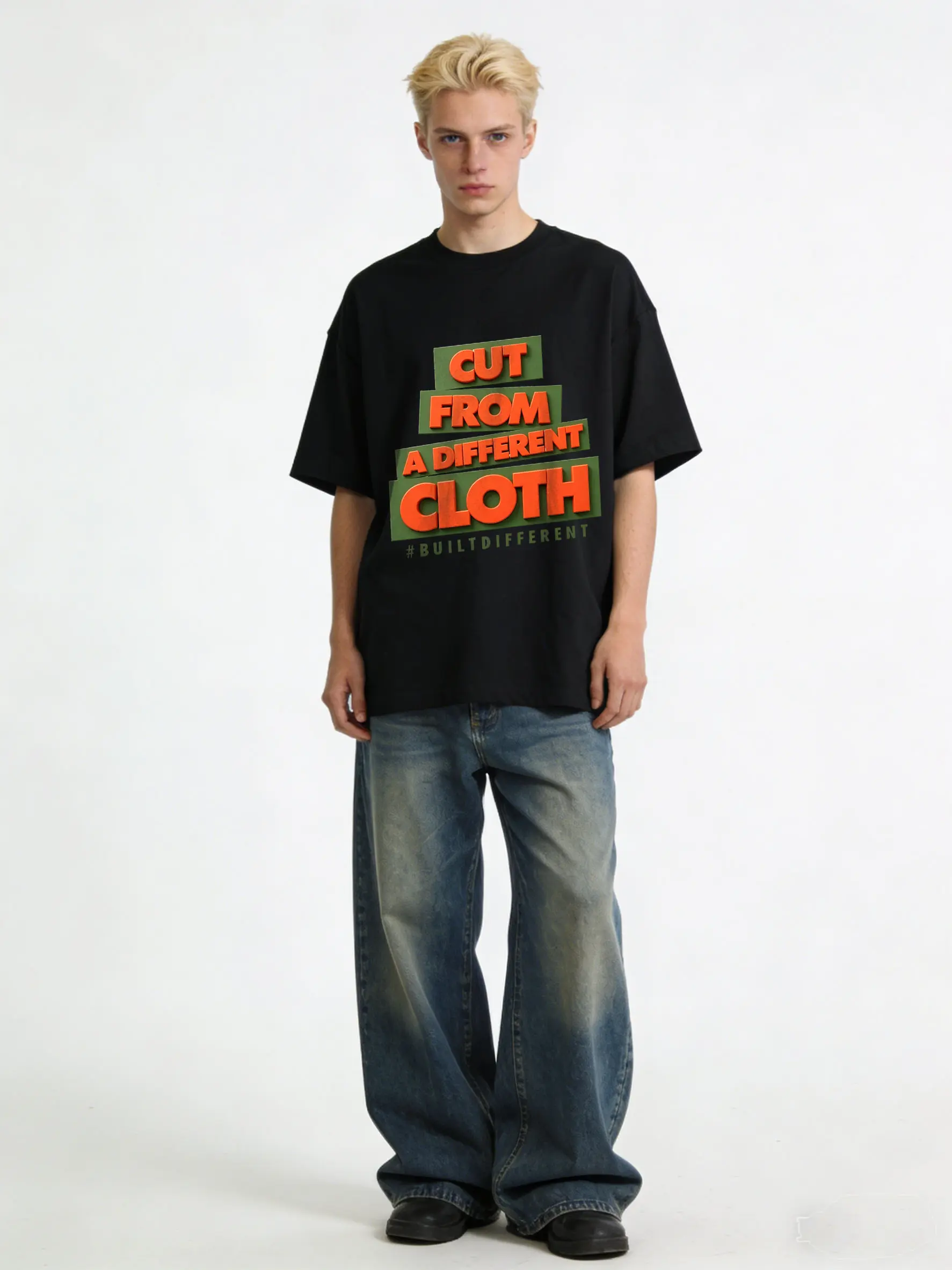 "Cut From A Different Cloth" Oversized Graphic Tee | Trendy Motivational Shirt for Unisex, Women, Men | Classic Black & White | Round Neck | Casual | Comfortable Cotton-like Fabric | Full Sizes S-XXL/6XL | Perfect for Daily Outfits & Photos