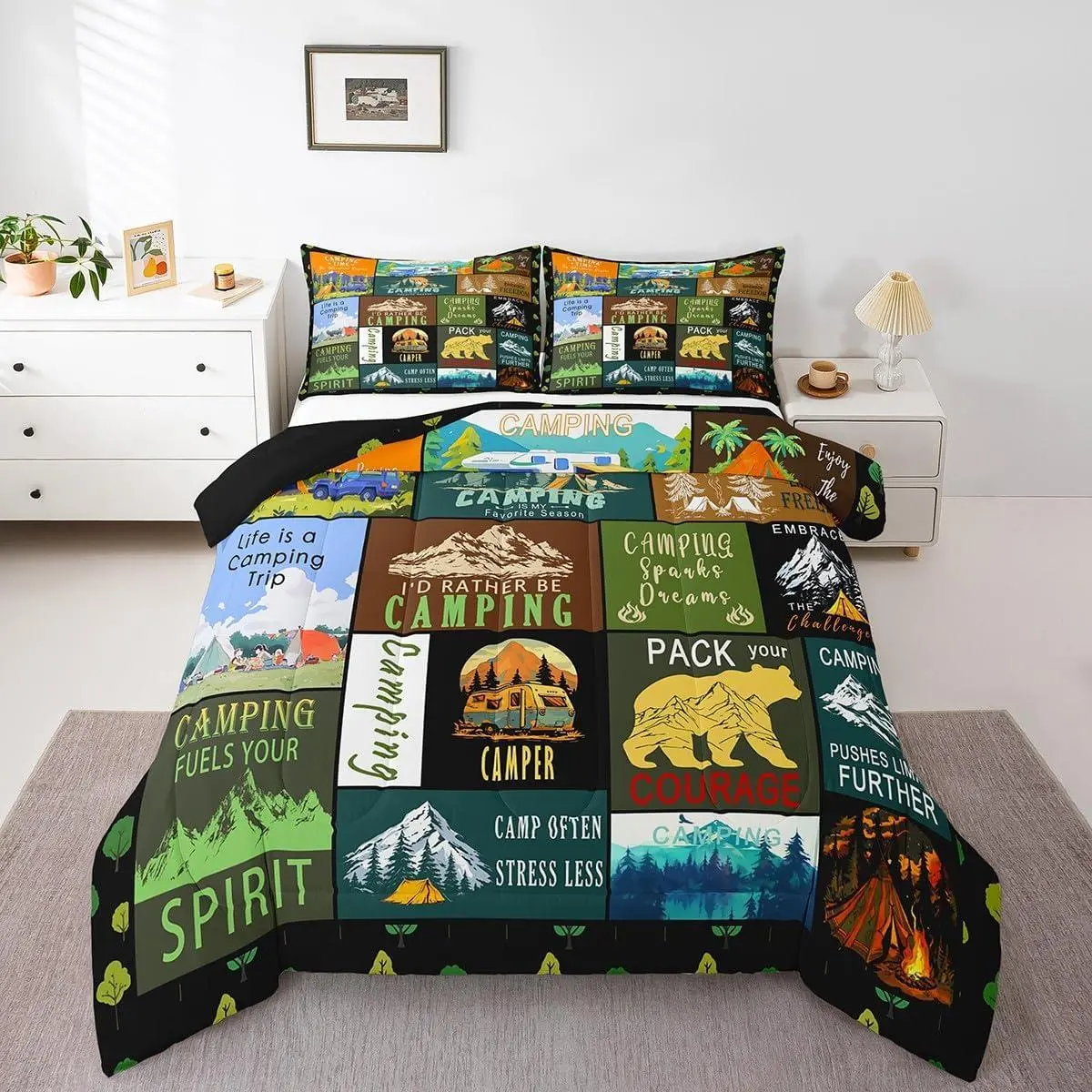 RV Camper Comforter Set,Happy Camping Bedding Sets Trailer Bunk,Patchwork Mountain Quilt Bed Set,Rustic Cabin Bear Bedroom Decor,Breathable
