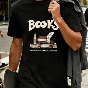 Books The Original Handheld Device Graphic Tee - 100% Cotton Short Sleeve T-Shirt, Super Soft and Breathable Crew Neck Top, Urban Streetwear Style with Quill Pen and Skyscraper Print, Perfect Gift for Book Lovers, Writers, Skateboarders, and Studen